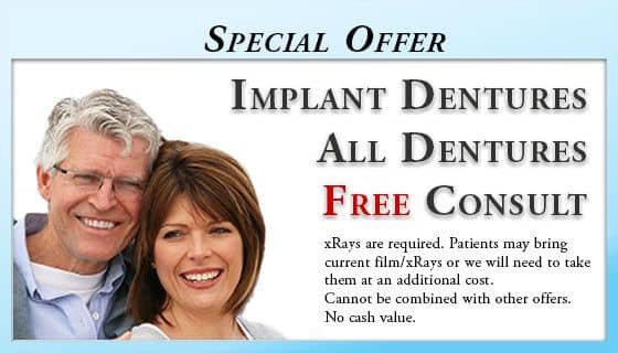 Free Implant and Implant-retained Dentures Consultations - Wilmington, DE Dentist. Free Dental Implant and Implant-retained Dentures Consultations - We need the necessary films/xRays for a consultation. Patients may bring current film/xRays or we will need to take them and an additional cost. Does not apply with insurance. Cannot be combined with other offers. No cash value.