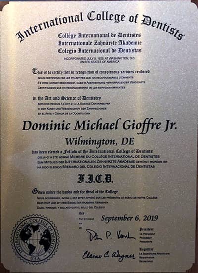 Dominic Michael Gioffre Jr. Fellowship International College of Dentist(ICD) Award
